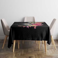 Hawaiian Tropical Flowers and Tribal Turtles Tablecloth Polynesian Art Motifs Black Color - Polynesian Pride