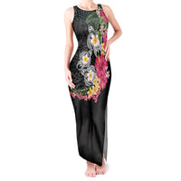 Hawaiian Tropical Flowers and Tribal Turtles Tank Maxi Dress Polynesian Art Motifs Black Color - Polynesian Pride