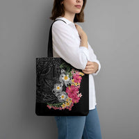 Hawaiian Tropical Flowers and Tribal Turtles Tote Bag Polynesian Art Motifs Black Color - Polynesian Pride
