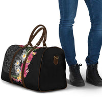 Hawaiian Tropical Flowers and Tribal Turtles Travel Bag Polynesian Art Motifs Black Color - Polynesian Pride