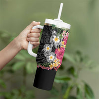 Hawaiian Tropical Flowers and Tribal Turtles Tumbler With Handle Polynesian Art Motifs Black Color - Polynesian Pride