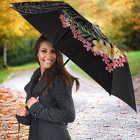 Hawaiian Tropical Flowers and Tribal Turtles Umbrella Polynesian Art Motifs Black Color - Polynesian Pride