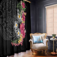 Hawaiian Tropical Flowers and Tribal Turtles Window Curtain Polynesian Art Motifs Black Color - Polynesian Pride