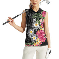 Hawaiian Tropical Flowers and Tribal Turtles Women Sleeveless Polo Shirt Polynesian Art Motifs Black Color - Polynesian Pride