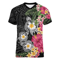 Hawaiian Tropical Flowers and Tribal Turtles Women V-Neck T-Shirt Polynesian Art Motifs Black Color - Polynesian Pride