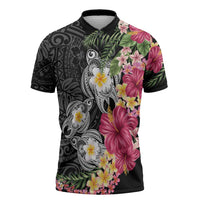 Hawaiian Tropical Flowers and Tribal Turtles Zipper Polo Shirt Polynesian Art Motifs Black Color - Polynesian Pride