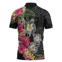 Hawaiian Tropical Flowers and Tribal Turtles Zipper Polo Shirt Polynesian Art Motifs Black Color - Polynesian Pride