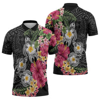 Hawaiian Tropical Flowers and Tribal Turtles Zipper Polo Shirt Polynesian Art Motifs Black Color - Polynesian Pride
