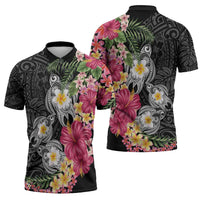 Hawaiian Tropical Flowers and Tribal Turtles Zipper Polo Shirt Polynesian Art Motifs Black Color - Polynesian Pride
