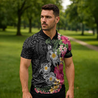 Hawaiian Tropical Flowers and Tribal Turtles Zipper Polo Shirt Polynesian Art Motifs Black Color - Polynesian Pride
