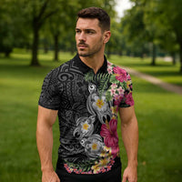 Hawaiian Tropical Flowers and Tribal Turtles Zipper Polo Shirt Polynesian Art Motifs Black Color - Polynesian Pride