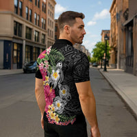 Hawaiian Tropical Flowers and Tribal Turtles Zipper Polo Shirt Polynesian Art Motifs Black Color - Polynesian Pride