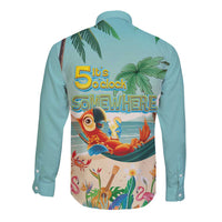 Aloha Hawaii It's 5 o'clock Somewhere Long Sleeve Button Shirt Chill Parrot on Beach with Tropical Plants - Polynesian Pride
