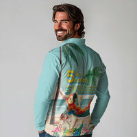 Aloha Hawaii It's 5 o'clock Somewhere Long Sleeve Polo Shirt Chill Parrot on Beach with Tropical Plants - Polynesian Pride