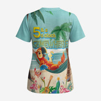 Aloha Hawaii It's 5 o'clock Somewhere Scrub Top Chill Parrot on Beach with Tropical Plants - Polynesian Pride