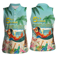 Aloha Hawaii It's 5 o'clock Somewhere Women Sleeveless Polo Shirt Chill Parrot on Beach with Tropical Plants - Polynesian Pride