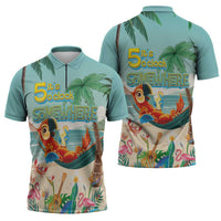Aloha Hawaii It's 5 o'clock Somewhere Zipper Polo Shirt Chill Parrot on Beach with Tropical Plants - Polynesian Pride