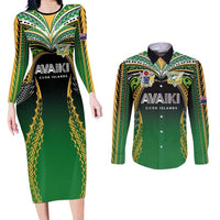 Custom Cook Islands Rugby League Couples Matching Long Sleeve Bodycon Dress and Long Sleeve Button Shirt Avaiki Tatau Tribal Motifs Black Color - Polynesian Pride