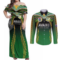 Custom Cook Islands Rugby League Couples Matching Off Shoulder Maxi Dress and Long Sleeve Button Shirt Avaiki Tatau Tribal Motifs Black Color - Polynesian Pride
