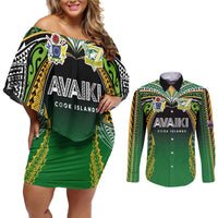 Custom Cook Islands Rugby League Couples Matching Off Shoulder Short Dress and Long Sleeve Button Shirt Avaiki Tatau Tribal Motifs Black Color - Polynesian Pride