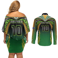 Custom Cook Islands Rugby League Couples Matching Off Shoulder Short Dress and Long Sleeve Button Shirt Avaiki Tatau Tribal Motifs Black Color - Polynesian Pride
