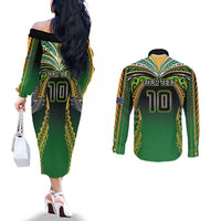 Custom Cook Islands Rugby League Couples Matching Off The Shoulder Long Sleeve Dress and Long Sleeve Button Shirt Avaiki Tatau Tribal Motifs Black Color - Polynesian Pride