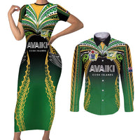 Custom Cook Islands Rugby League Couples Matching Short Sleeve Bodycon Dress and Long Sleeve Button Shirt Avaiki Tatau Tribal Motifs Black Color - Polynesian Pride