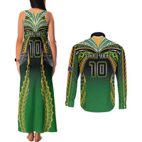 Custom Cook Islands Rugby League Couples Matching Tank Maxi Dress and Long Sleeve Button Shirt Avaiki Tatau Tribal Motifs Black Color - Polynesian Pride