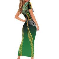 Custom Cook Islands Rugby League Short Sleeve Bodycon Dress Avaiki Tatau Tribal Motifs Black Color - Polynesian Pride