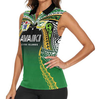Custom Cook Islands Rugby League Women Sleeveless Polo Shirt Avaiki Tatau Tribal Motifs Black Color - Polynesian Pride