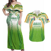 Custom Cook Islands Rugby League Couples Matching Off Shoulder Maxi Dress and Hawaiian Shirt Avaiki Tatau Tribal Motifs White Color - Polynesian Pride