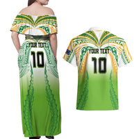 Custom Cook Islands Rugby League Couples Matching Off Shoulder Maxi Dress and Hawaiian Shirt Avaiki Tatau Tribal Motifs White Color - Polynesian Pride