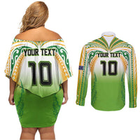 Custom Cook Islands Rugby League Couples Matching Off Shoulder Short Dress and Long Sleeve Button Shirt Avaiki Tatau Tribal Motifs White Color - Polynesian Pride