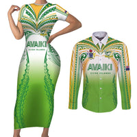 Custom Cook Islands Rugby League Couples Matching Short Sleeve Bodycon Dress and Long Sleeve Button Shirt Avaiki Tatau Tribal Motifs White Color - Polynesian Pride
