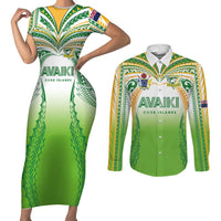 Custom Cook Islands Rugby League Couples Matching Short Sleeve Bodycon Dress and Long Sleeve Button Shirt Avaiki Tatau Tribal Motifs White Color - Polynesian Pride