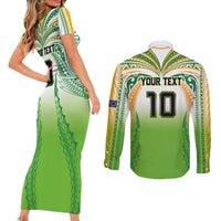 Custom Cook Islands Rugby League Couples Matching Short Sleeve Bodycon Dress and Long Sleeve Button Shirt Avaiki Tatau Tribal Motifs White Color - Polynesian Pride