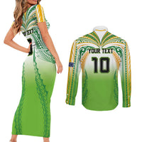 Custom Cook Islands Rugby League Couples Matching Short Sleeve Bodycon Dress and Long Sleeve Button Shirt Avaiki Tatau Tribal Motifs White Color - Polynesian Pride