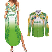 Custom Cook Islands Rugby League Couples Matching Summer Maxi Dress and Long Sleeve Button Shirt Avaiki Tatau Tribal Motifs White Color - Polynesian Pride
