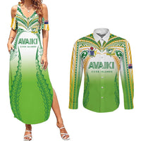 Custom Cook Islands Rugby League Couples Matching Summer Maxi Dress and Long Sleeve Button Shirt Avaiki Tatau Tribal Motifs White Color - Polynesian Pride