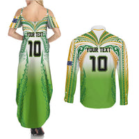 Custom Cook Islands Rugby League Couples Matching Summer Maxi Dress and Long Sleeve Button Shirt Avaiki Tatau Tribal Motifs White Color - Polynesian Pride
