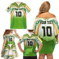 Custom Cook Islands Rugby League Family Matching Off Shoulder Short Dress and Hawaiian Shirt Avaiki Tatau Tribal Motifs White Color - Polynesian Pride
