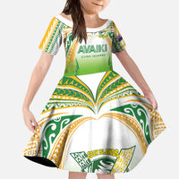 Custom Cook Islands Rugby League Kid Short Sleeve Dress Avaiki Tatau Tribal Motifs White Color - Polynesian Pride