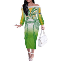 Custom Cook Islands Rugby League Off The Shoulder Long Sleeve Dress Avaiki Tatau Tribal Motifs White Color - Polynesian Pride