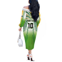 Custom Cook Islands Rugby League Off The Shoulder Long Sleeve Dress Avaiki Tatau Tribal Motifs White Color - Polynesian Pride