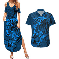 Polynesian Dolphin Valentine Day Couples Matching Summer Maxi Dress and Hawaiian Shirt Hibiscus and Tribal Tattoo Blue Style LT03 Blue - Polynesian Pride