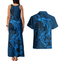 Polynesian Dolphin Valentine Day Couples Matching Tank Maxi Dress and Hawaiian Shirt Hibiscus and Tribal Tattoo Blue Style LT03 - Polynesian Pride