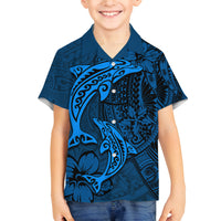 Polynesian Dolphin Valentine Day Family Matching Puletasi and Hawaiian Shirt Hibiscus and Tribal Tattoo Blue Style LT03 Son's Shirt Blue - Polynesian Pride