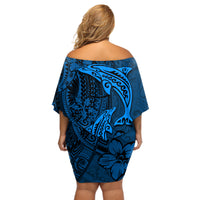 Polynesian Dolphin Valentine Day Off Shoulder Short Dress Hibiscus and Tribal Tattoo Blue Style LT03 - Polynesian Pride