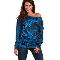 Polynesian Dolphin Valentine Day Off Shoulder Sweater Hibiscus and Tribal Tattoo Blue Style LT03 Women Blue - Polynesian Pride