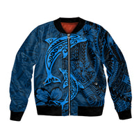 Polynesian Dolphin Valentine Day Sleeve Zip Bomber Jacket Hibiscus and Tribal Tattoo Blue Style LT03 Unisex Blue - Polynesian Pride